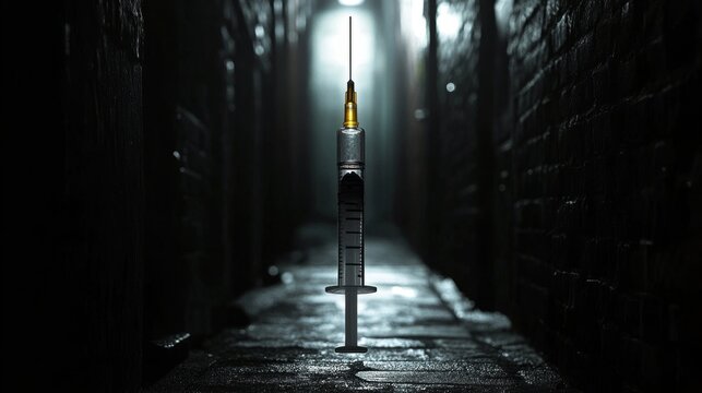 Fototapeta Syringe in Mysterious Dark Alley Surrounded by Eerie Atmosphere