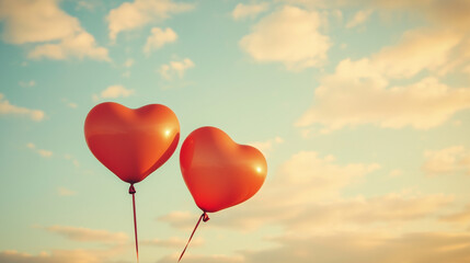 Two heart balloons in pastel sky, love in the air
