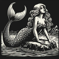 Vintage retro-style black and white flat vector engraving of a mermaid sitting on a rock by the water, evoking classic folklore and antique illustrations.