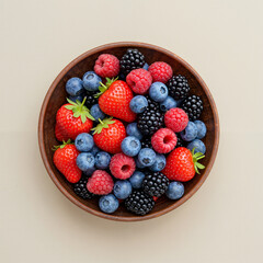 Flat lay of mixed berries in bowl on white with copy space