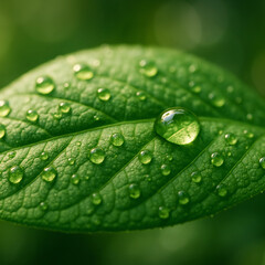 Square macro shot of a green leaf with water droplets and soft bokeh
