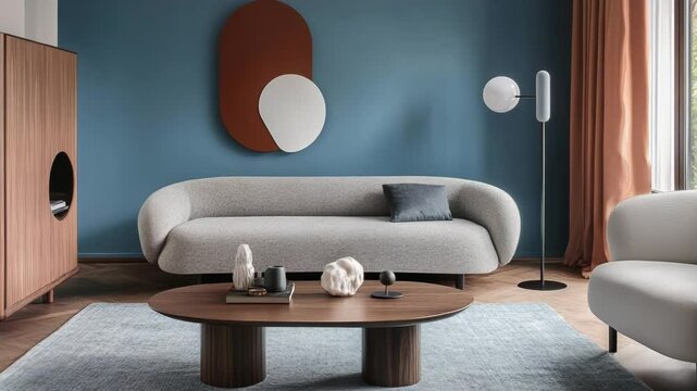 Scandinavian modern living room with round coffee table, side cabinet, and grey sofa against blue wall