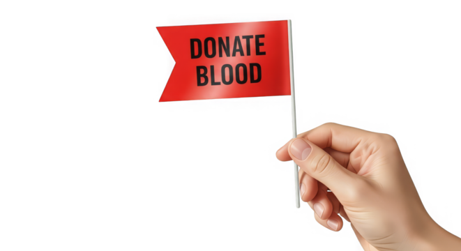 A hand holding a red flag with the words DONATE BLOOD in bold letters, urging blood donation now. - Powered by Adobe
