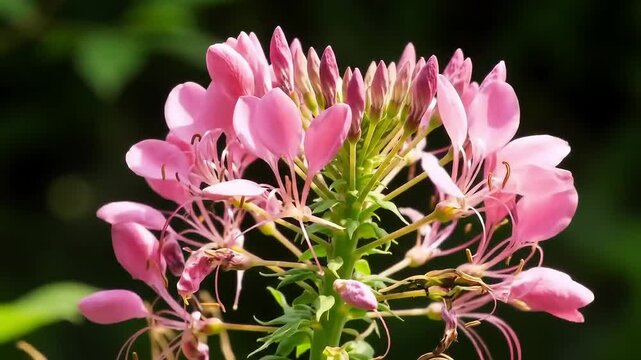 Timelapse of a nerine flower blooming in soft pink tones, with delicate filaments dancing in sunlight, creating an airy and elegant visual. Created with generated AI.