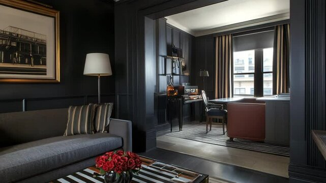 Stylish apartment interior featuring gray couch, dark wall, striped coffee table, and cozy rug, art deco design