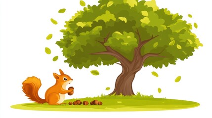 A cartoon squirrel sits beneath a large, leafy tree, holding an acorn.  Several acorns are scattered on the ground, and leaves are gently blowing in the wind