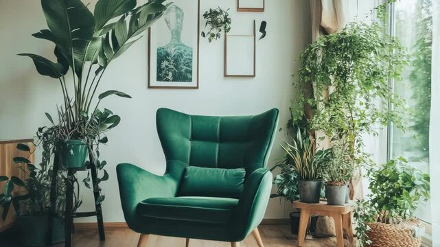 Stylish interior featuring green armchair in Scandinavian mid-century modern living room