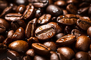 Close-Up View of Shiny Roasted Coffee Beans in Rustic Brown Tones