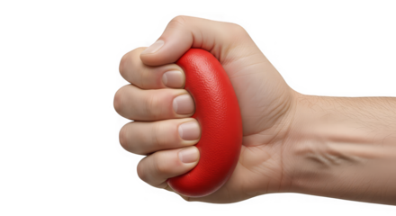 A person's hand squeezes a red stress ball with force, symbolizing tension and control.
