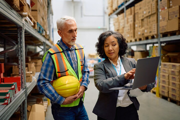 Female warehouse manager and worker using laptop in storage compartment.
