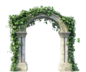 Lush green archway covered in vines tranquil garden setting 3d render serene atmosphere isolated on transparent background