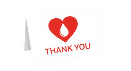 A thank you card features a red heart with a blood drop, expressing gratitude and appreciation.