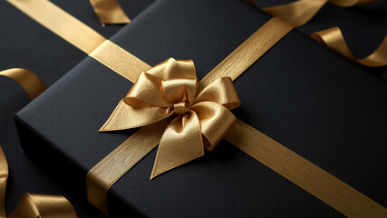 Elegant black gift box with luxurious gold ribbon and festive bow for special occasions