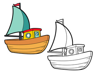 boat illustration, with one colored version and one black and white outline. Ideal for transportation graphics or coloring pages.