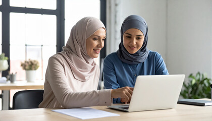 Two Happy Muslim Female Employees Collaborating in Modern Office Environment