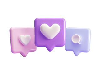 three pastel-colored speech bubbles with a white heart on a purple background, png, transparent