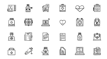 Medical Icon Set - Clean Black & Grey Line Art for Web & Print