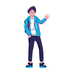 Friendly young man waving hello backpack student