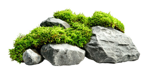 Rocky formation with lush green moss nature landscape outdoor serenity close-up view isolated on transparent background