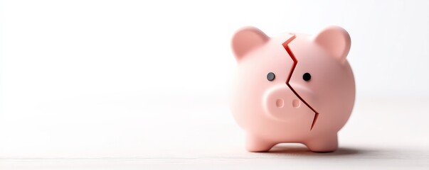 financial trouble debt struggle concept. Broken piggy bank symbolizes financial struggle or savings issues.