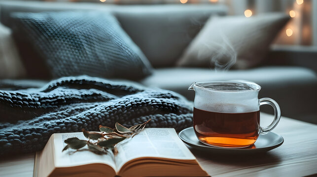 Cozy ambiance with herbal tea, open book, and soft blanket for relaxation