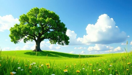 Obraz premium Lone oak dominates sunlit meadow, fluffy white clouds above, idyllic, beauty