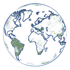 Sketch of the Earth with green continents and blue oceans  