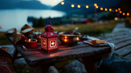 Glowing Swiss lantern beside cheese fondue, white cross on red. Celebrating national pride with rustic alpine charm.