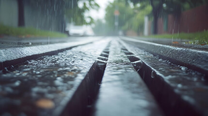 Urban downpour captured through the grate of a city street drain system
