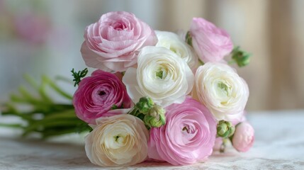 Pink and white ranunculus bouquet, a delicate floral centerpiece symbolizing grace and elegance.