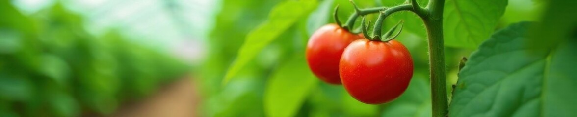 Red tomatoes ripening on lush green vine in greenhouse, summer, plantation