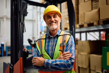 Confident forklift operator at work looking at camera.