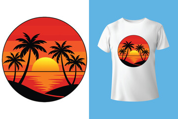 Minimalist Beach T-Shirt Graphic – Palm Trees and Sunset Illustration, Vintage Coastal T-Shirt Artwork – Tropical Ocean Landscape Vector, Tropical Vibes T-Shirt Design – Island Life with Surf and Suns