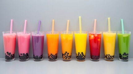 Fototapeta premium a glass cup filled with colorful tea, with tapioca pearls at the bottom