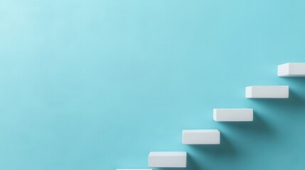 Minimalist white steps ascend diagonally against a bright blue wall, symbolizing progress and growth.