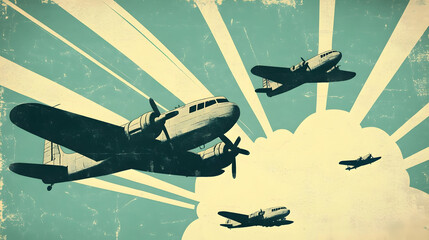 Vintage aviation propaganda poster showcasing multiple propeller aircraft formations