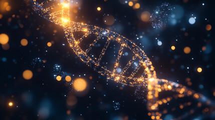 Glowing DNA strand forms a universal equation with floating life forms, symbolizing the unity of biological theory