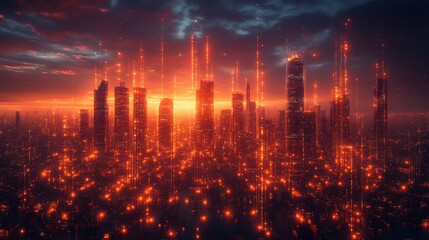Fototapeta premium Futuristic Cityscape at Sunset Orange Neon Glow Smart City Technology Digital Architecture