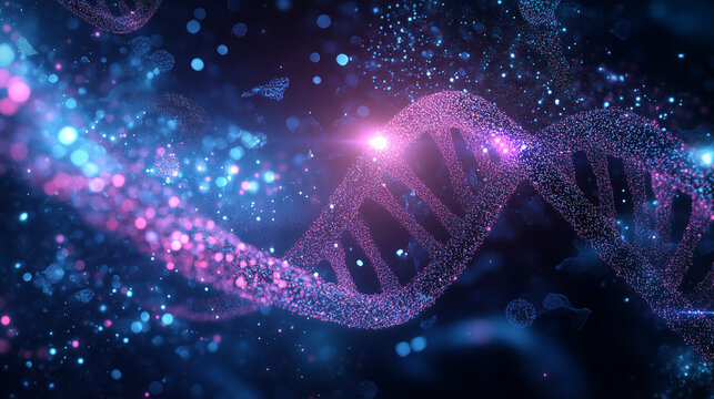 Glowing DNA strand forms a universal equation with floating life forms, symbolizing the unity of biological theory