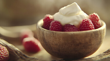 Rustic bowl of raspberries topped with creamy delight on a wooden surface