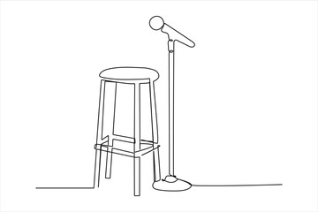 Continuous one line drawing of microphone and stool on stand up comedy stage. Equipment at night club or bar for stand up comedian performance.