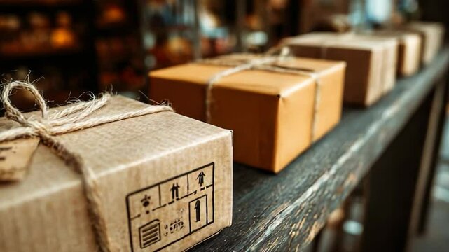 retro vintage parcel boxes on wooden table, delivery concept 