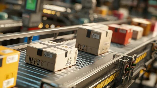parcel boxes on conveyor belt at parcel industrial warehouse 