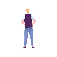 Back view of a man wearing a vest and jeans