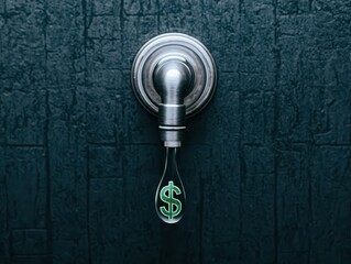 A metallic faucet drips a droplet shaped like a dollar sign, symbolizing the cost of water or energy.