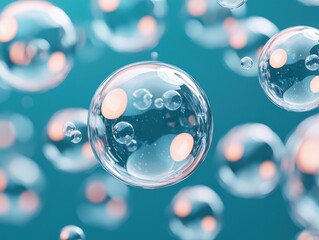 Naklejka premium Transparent bubbles floating against a blue background, reflecting light with soft highlights and subtle reflections.
