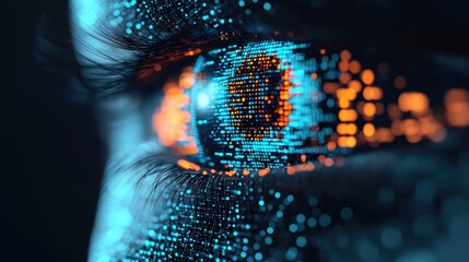 A human eye close-up with digital blue and orange data patterns, symbolizing technology, AI, and futuristic vision.