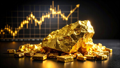 Raw Pure Gold Ore on Black Background with Fluctuating Gold Price Graph – Concept of Precious Metal Mining, Investment, and Market Volatility