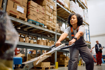 Female worker using pallet jack while working at distribution warehouse.