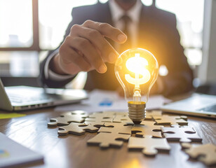 A businessman placing a glowing lightbulb into the center of a puzzle shaped like a dollar sign. Charts, sticky notes, and laptops on the desk